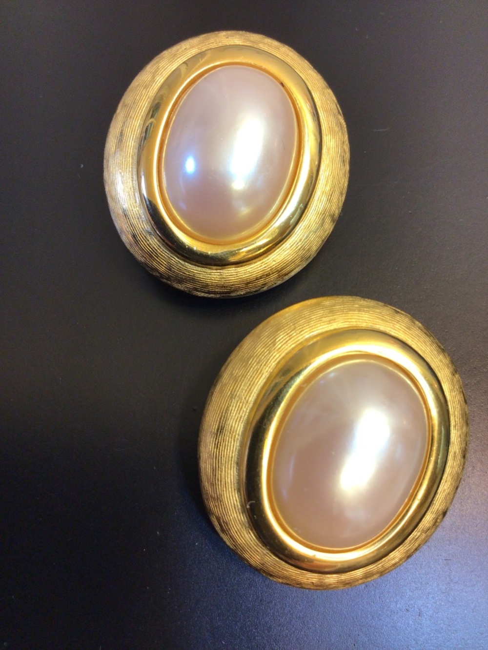 Vintage GIVENCHY Gold-tone Textured Large Oval Pearl Clip-on Statement Earrings